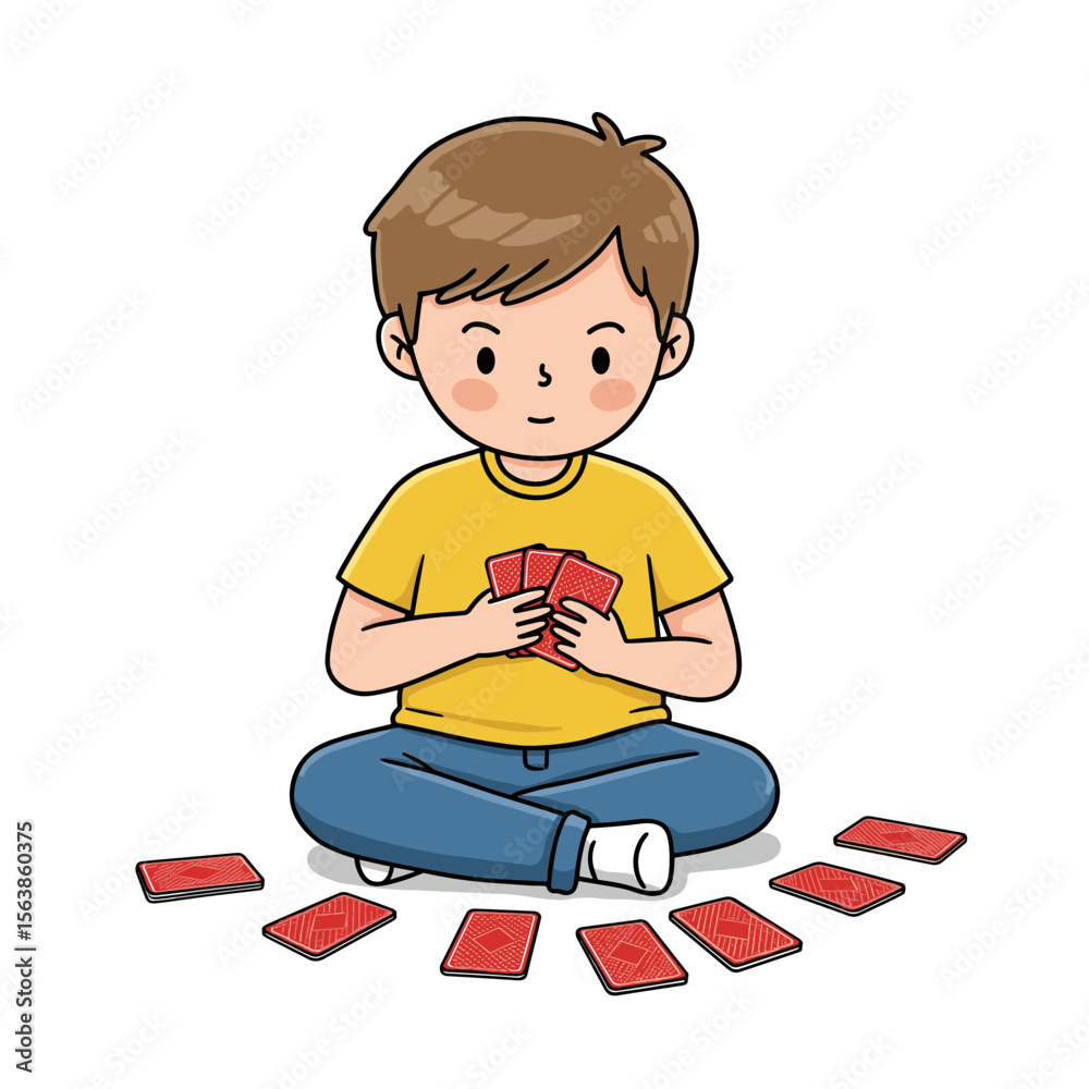 Fototapeta premium Boy playing cards sitting cross-legged. Ideal for illustrating children's games, cognitive development activities, or family entertainment concepts.