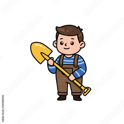 Boy with shovel digging soil for gardening work. Ideal for landscaping education, outdoor work, or garden tools.