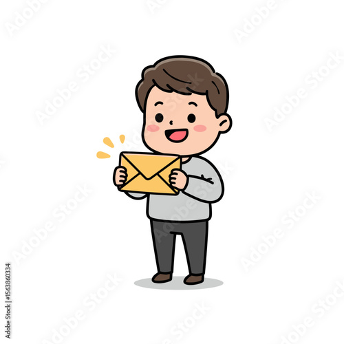 Boy with envelope holding mail or letter. Perfect for postal services, communication, or correspondence education.