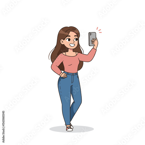 Woman holding phone taking selfie or video call. Ideal for social media, communication tech, or mobile lifestyle.
