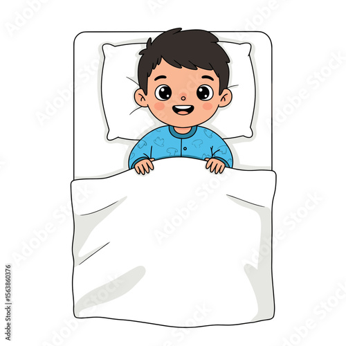 Boy in bed under white blanket. Perfect for illustrating bedtime routines, sleep habits, or children's health and wellness concepts.