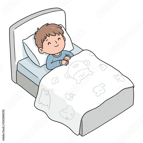 Boy lying in hospital bed with patterned blanket. Perfect for illustrating pediatric care, children's health services, or recovery stories.