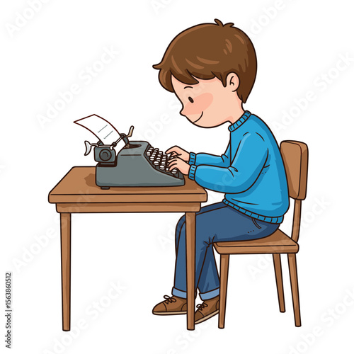 Boy typing on vintage typewriter at wooden desk. Ideal for creative writing programs, journalism education, or retro technology concepts.