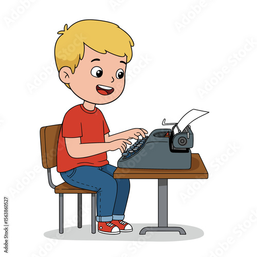 Boy typing on vintage typewriter at desk. Perfect for creative writing courses, journalism classes, or retro technology concepts.