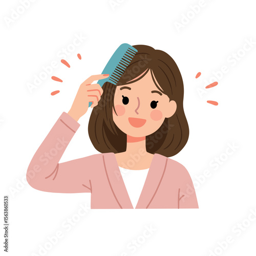 Woman brushing hair with blue comb in pink outfit. Perfect for hair care routines, beauty regimens, or personal grooming concepts.