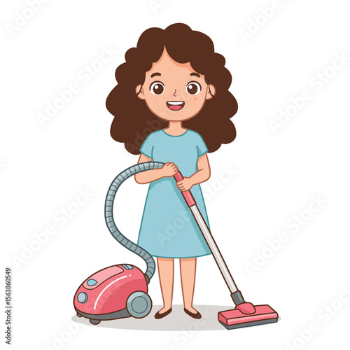Girl with vacuum cleaner in blue dress. Perfect for housekeeping tutorials, cleaning service advertisements, or domestic chore illustrations.