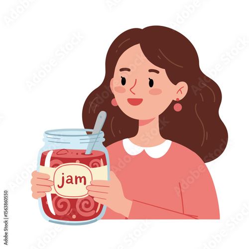 Woman holding jar of homemade strawberry jam. Ideal for food preservation recipes, homemade goods marketing, or artisanal food concepts.