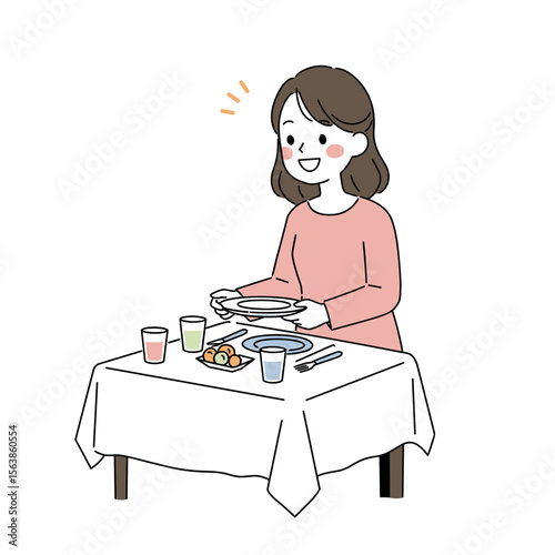 Woman setting table with white tablecloth and dishes. Perfect for hospitality services, dinner party planning, or restaurant staff training.