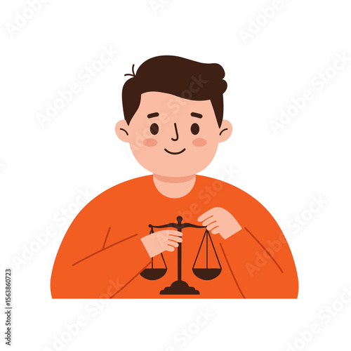 Man adjusting scales of justice. Legal profession concept for law firms, court proceedings, and justice system representation.