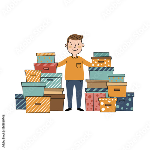 Man with gift boxes stacked around him. Holiday shopping and present giving concept for special occasions and celebrations.