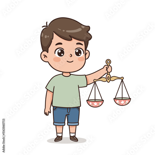 Boy holding scales of justice. Legal education concept for children's rights, fairness lessons, and elementary civics education.