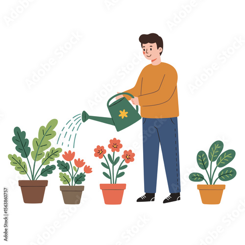 Man watering plants with watering can. Gardening and plant care illustration for home cultivation and botanical hobbies.