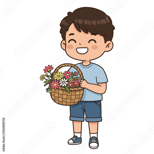 Boy with flower basket smiling happily. Spring season concept for gardening, floral arrangements, and outdoor activities.