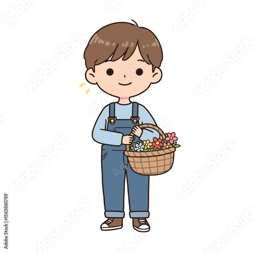 Boy with flower basket in overalls. Gardening and harvesting concept for agricultural education and nature activities.