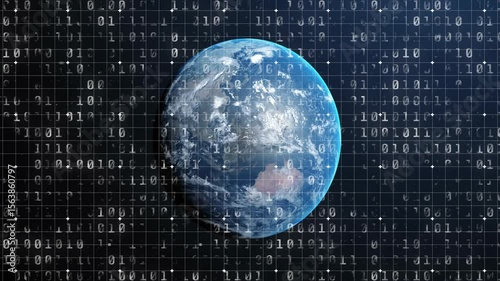 Starting 3D globe rotating toward Australia with binary grid flickering in space showing data flow