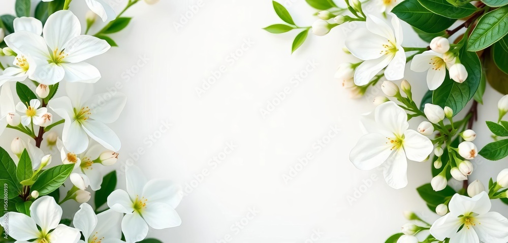 Fototapeta premium Elegant white blossoms & lush greenery form a delicate floral frame, flower frame, pattern