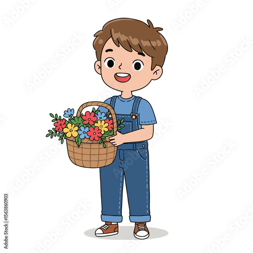Boy with basket of flowers. Ideal for gardening, spring activities, floristry and gift-giving concepts.