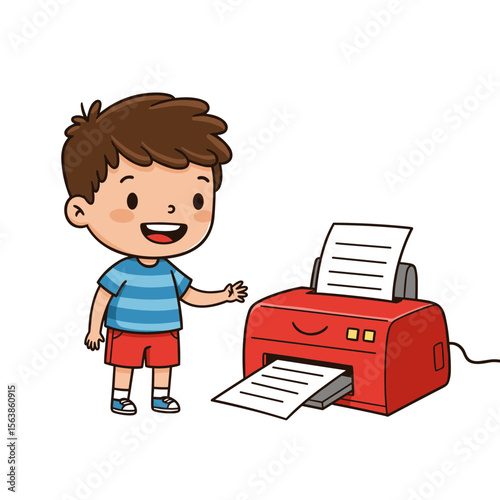 Boy using printer printing document. Ideal for office equipment, document preparation, and education technology concepts.