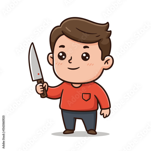 Boy holding kitchen knife in red shirt. Useful for cooking classes, kitchen safety, and culinary education concepts.