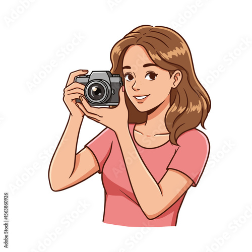 Girl taking photo with camera. Perfect for photography, content creation, and tourism imagery concepts.