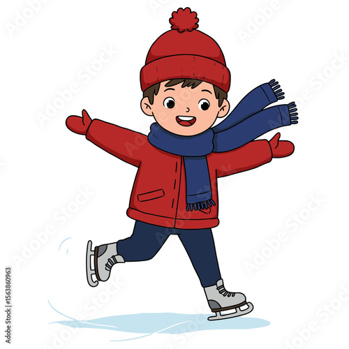 Boy ice skating with enthusiasm in red jacket. Perfect for winter sports, seasonal recreation, and holiday activity illustrations.