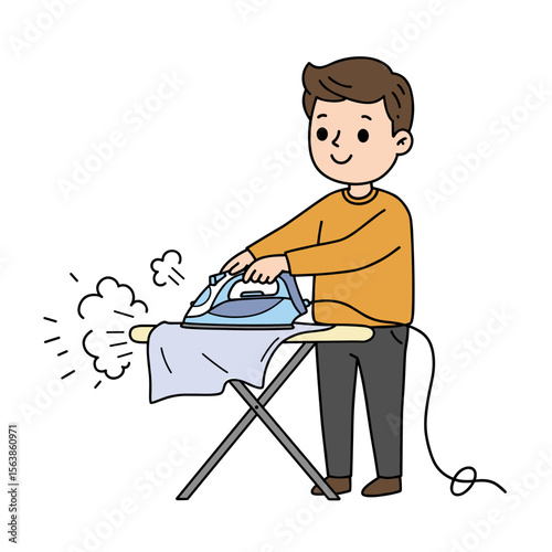 Man ironing clothes on board. Perfect for household chores, domestic responsibilities, and clothing care illustrations.
