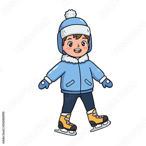 Boy ice skating in blue winter outfit. Ideal for winter sports, recreational activities, and cold weather lifestyle concepts.