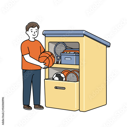 Man organizing sports equipment in storage cabinet. Ideal for home organization, sports management, and storage solution concepts.