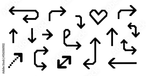 Black pixelated arrow symbols and a heart shape direction pixel art