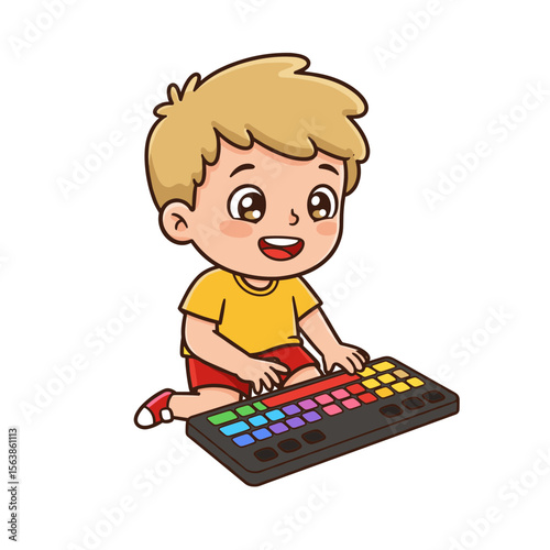 Boy typing on colorful keyboard with enthusiasm. Great for early education and technology learning concepts.