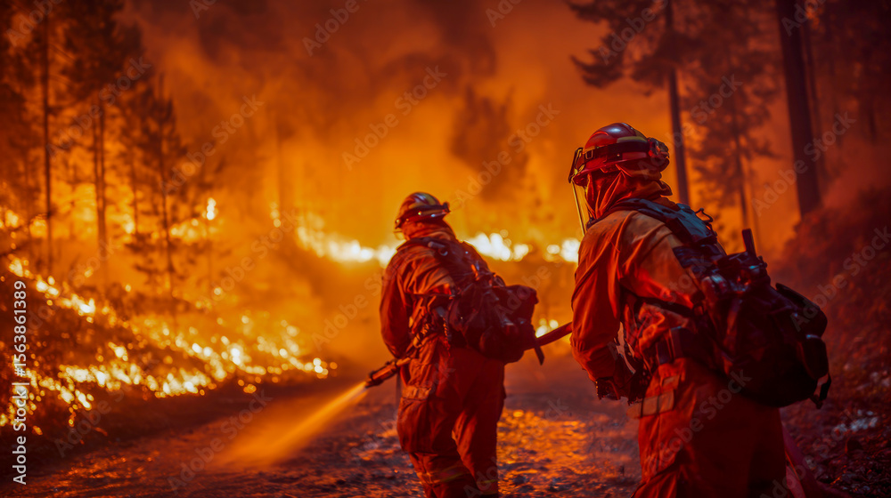 Fototapeta premium In a dramatic moment, firefighters work tirelessly to extinguish a relentless wildfire that engulfs the forest in flames and smoke