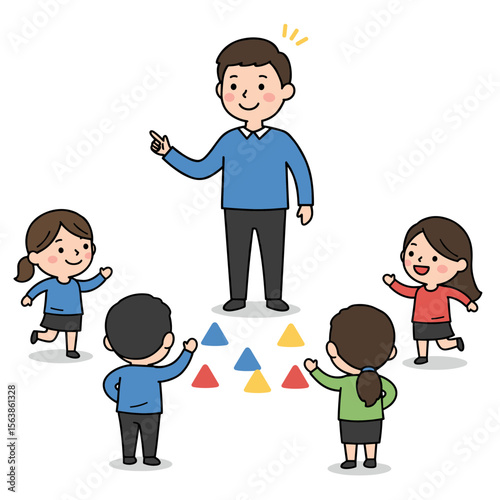 Man teaching children with colorful shapes on floor. Ideal for education and early development concepts.