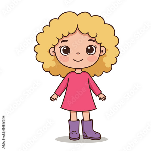 Girl with curly blonde hair in pink dress and purple boots. Ideal for children's fashion and character design.