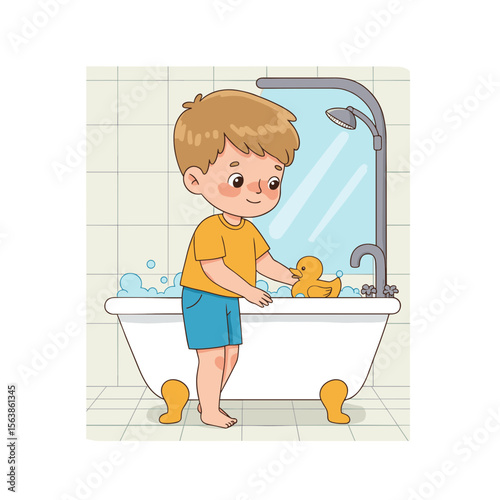 Boy in bathroom playing with rubber duck. Perfect for children's hygiene and bath time routines.