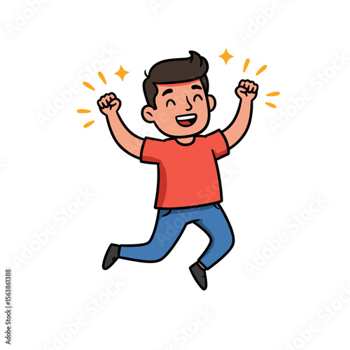 Man celebrating with arms raised in red shirt and blue pants. Ideal for success and achievement concepts.
