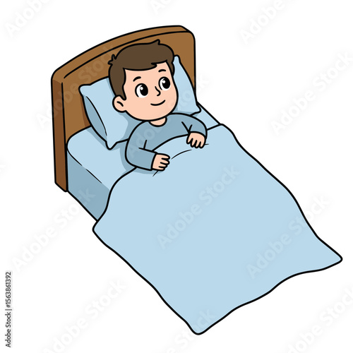 Man in bed under blue blanket. Perfect for sleep hygiene and bedtime routine concepts.