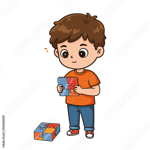 Boy with gift box and blue cup in orange sweater. Perfect for celebration and present-giving themes.