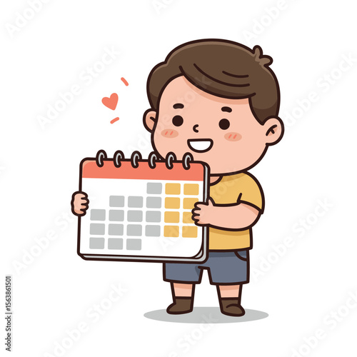 Boy holding calendar with curious expression in yellow shirt. Ideal for planning and time management concepts.