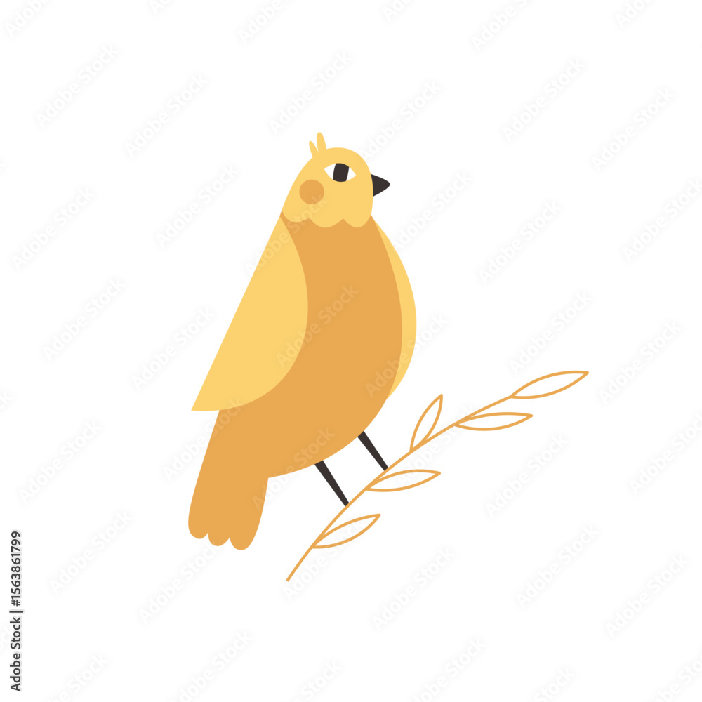 Obraz premium Yellow cartoon bird sitting on a branch – hand drawn bird for postcard, poster and clothing design