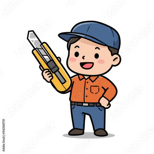 Happy young boy holding a utility knife with a cheerful smile