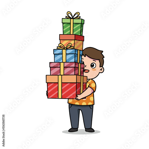 Excited young boy carrying a stack of colorful presents with a joyful smile