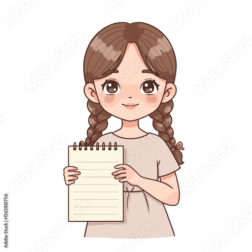 Smiling young girl holding a notepad with a cheerful expression