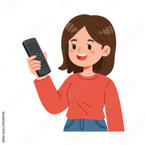 Woman with remote control smiling happily. Perfect for technology adoption, home entertainment, or smart home concept illustration.