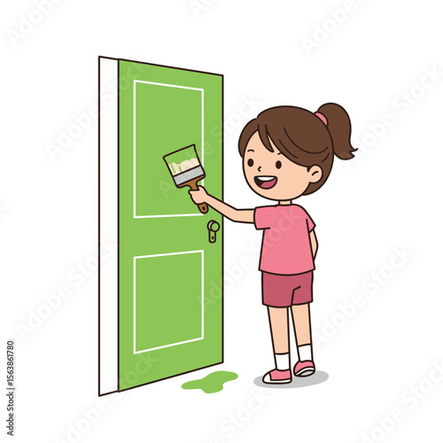 Girl painting door with bright green paint. Ideal for home improvement, DIY projects, or renovation content.