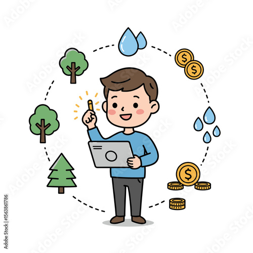 Boy managing resources with laptop and environmental elements. Ideal for sustainable business, green economy, or eco-friendly technology concepts.