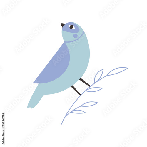 Blue flat bird with big eyes. Funny cartoon bird clipart
