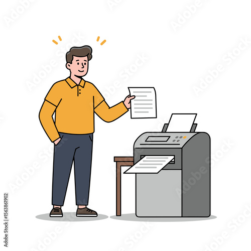 Man printing paper at office machine. Ideal for business administration, document management, or office workflow concepts.