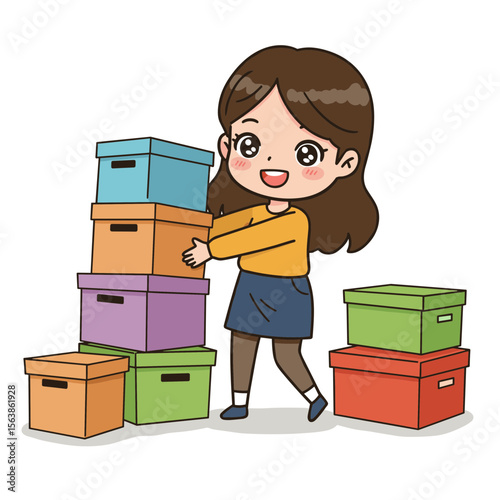 Girl with storage boxes organizing cheerfully. Perfect for home organization, moving, or decluttering concepts.