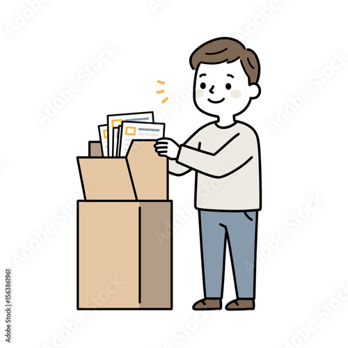 Man with package organizing documents. Ideal for delivery service, office administration, or paperwork management concepts.