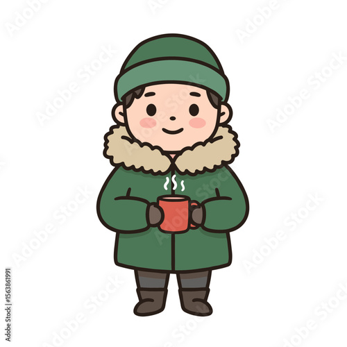 Boy in winter coat holding hot drink. Ideal for illustrating seasonal activities, winter holidays and outdoor comfort.